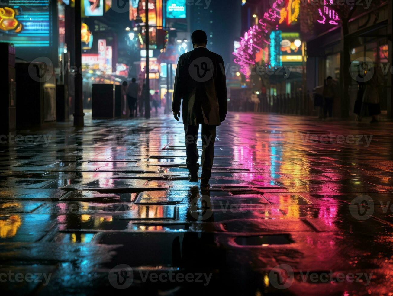 Man in future proof clothes enjoys a leisurely stroll through a neon lit city streets AI Generative photo