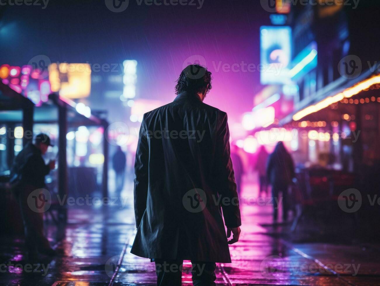 Man in future proof clothes enjoys a leisurely stroll through a neon lit city streets AI Generative photo