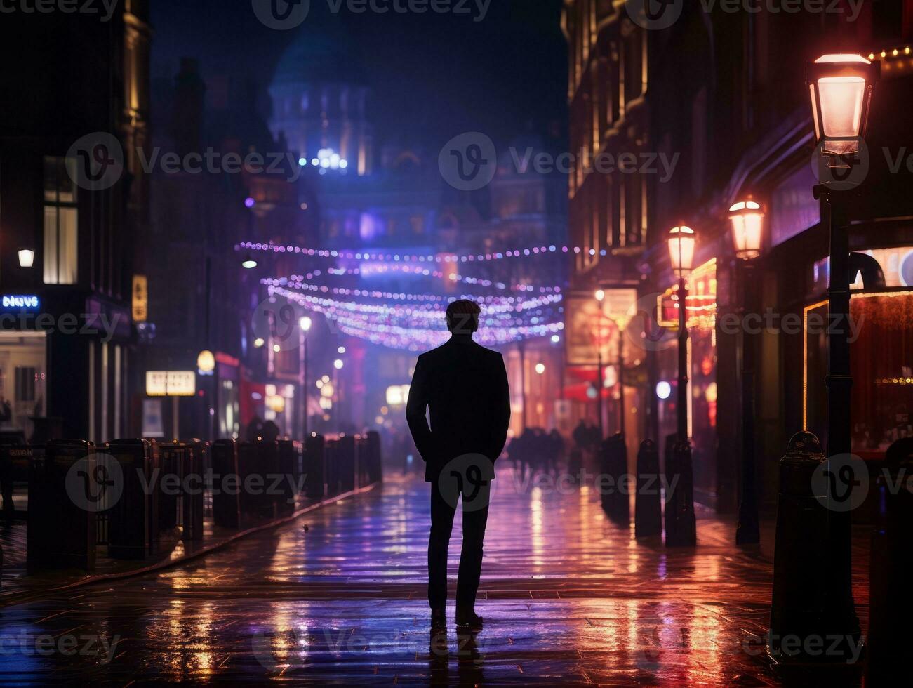 Man in future proof clothes enjoys a leisurely stroll through a neon lit city streets AI Generative photo