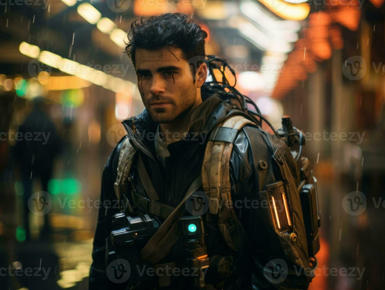 Man in future proof clothes enjoys a leisurely stroll through a neon lit city streets AI Generative photo