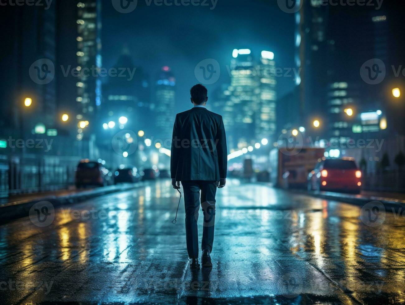 Man in future proof clothes enjoys a leisurely stroll through a neon lit city streets AI Generative photo