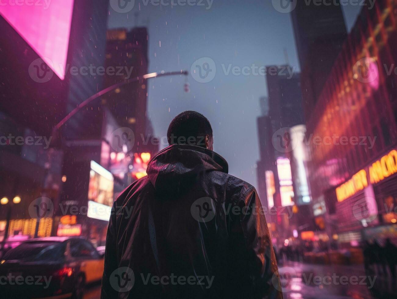 Man in future proof clothes enjoys a leisurely stroll through a neon lit city streets AI Generative photo