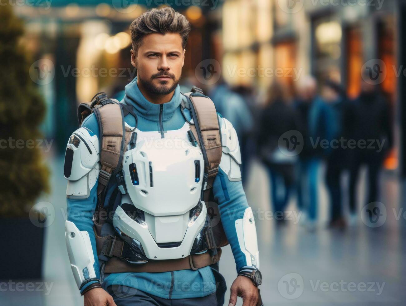 man in futuristic clothes enjoys a leisurely stroll through a city streets AI Generative photo