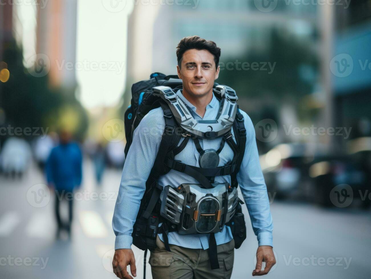 man in futuristic clothes enjoys a leisurely stroll through a city streets AI Generative photo