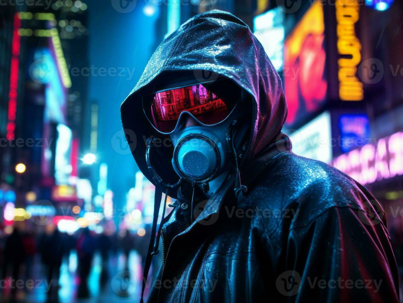 man in futuristic clothes enjoys a leisurely stroll through a city streets AI Generative photo