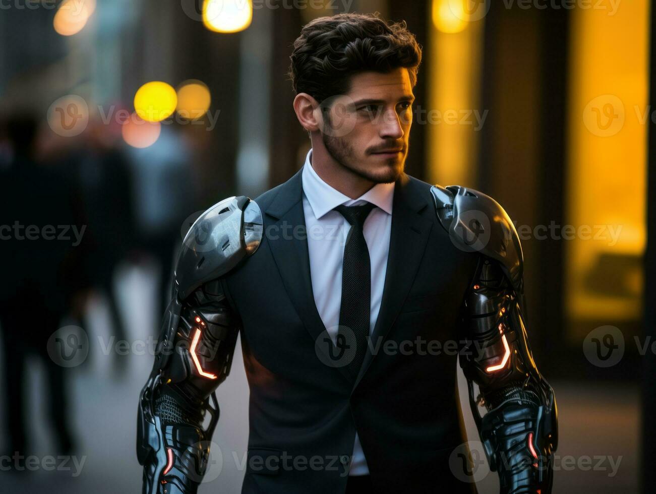 man in futuristic clothes enjoys a leisurely stroll through a city streets AI Generative photo