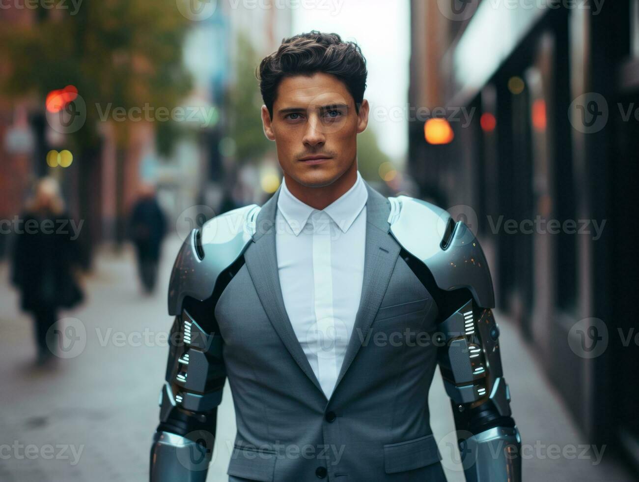 man in futuristic clothes enjoys a leisurely stroll through a city streets AI Generative photo