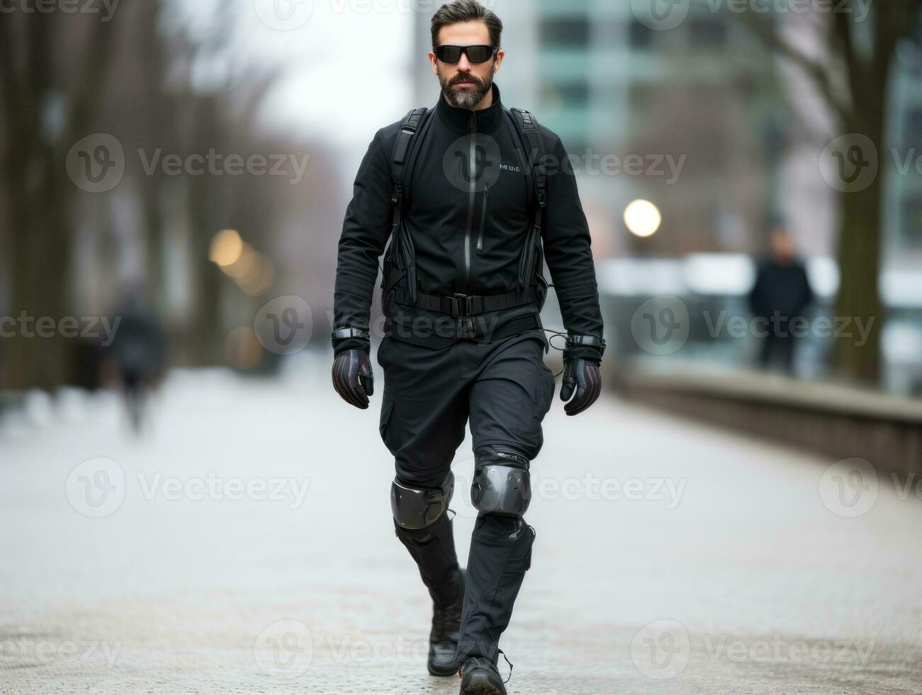 man in futuristic clothes enjoys a leisurely stroll through a city streets AI Generative photo