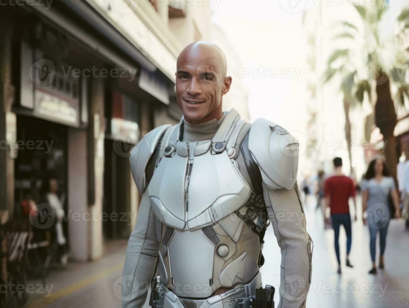 man in futuristic clothes enjoys a leisurely stroll through a city streets AI Generative photo