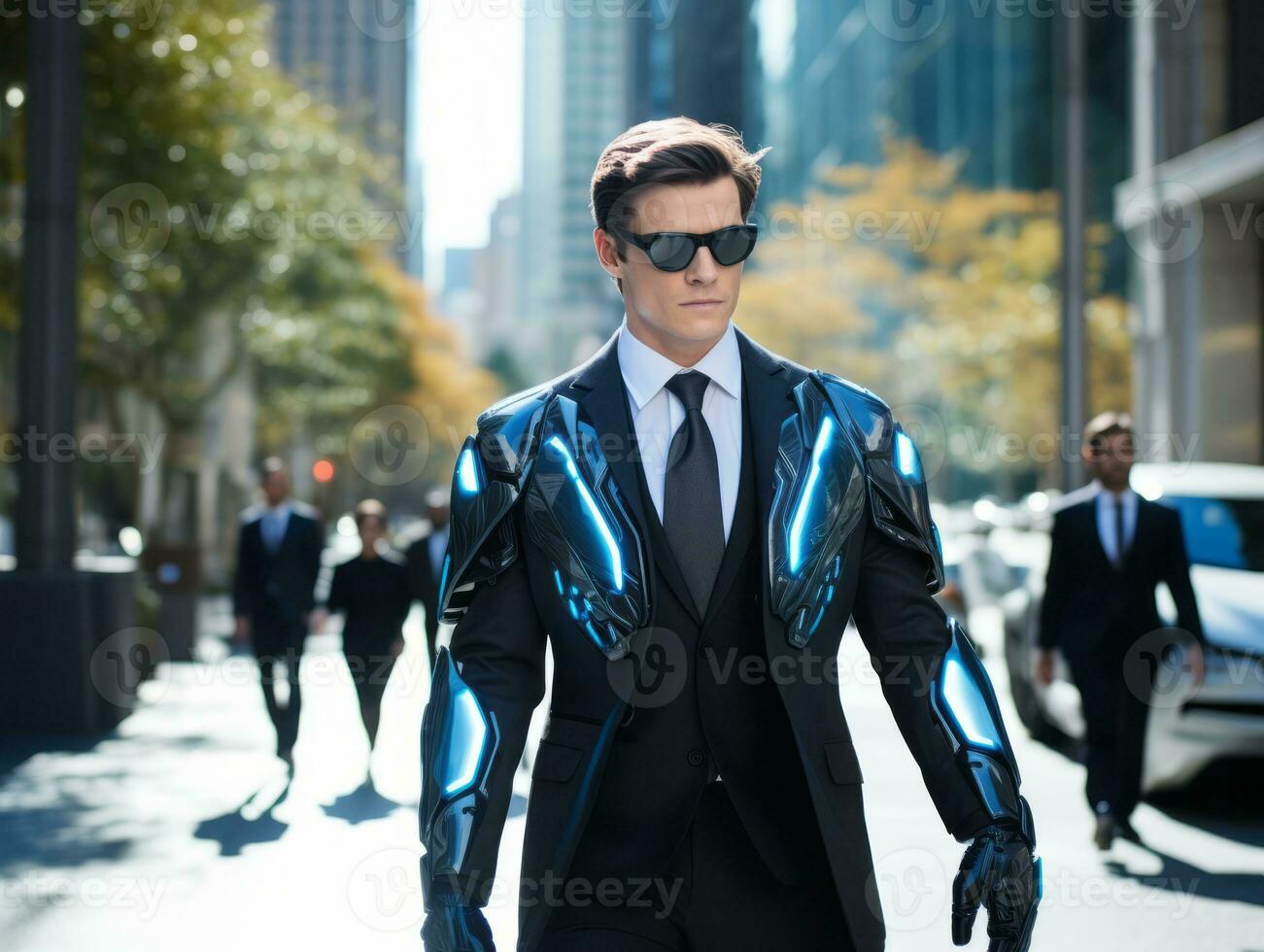 man in futuristic clothes enjoys a leisurely stroll through a city streets AI Generative photo