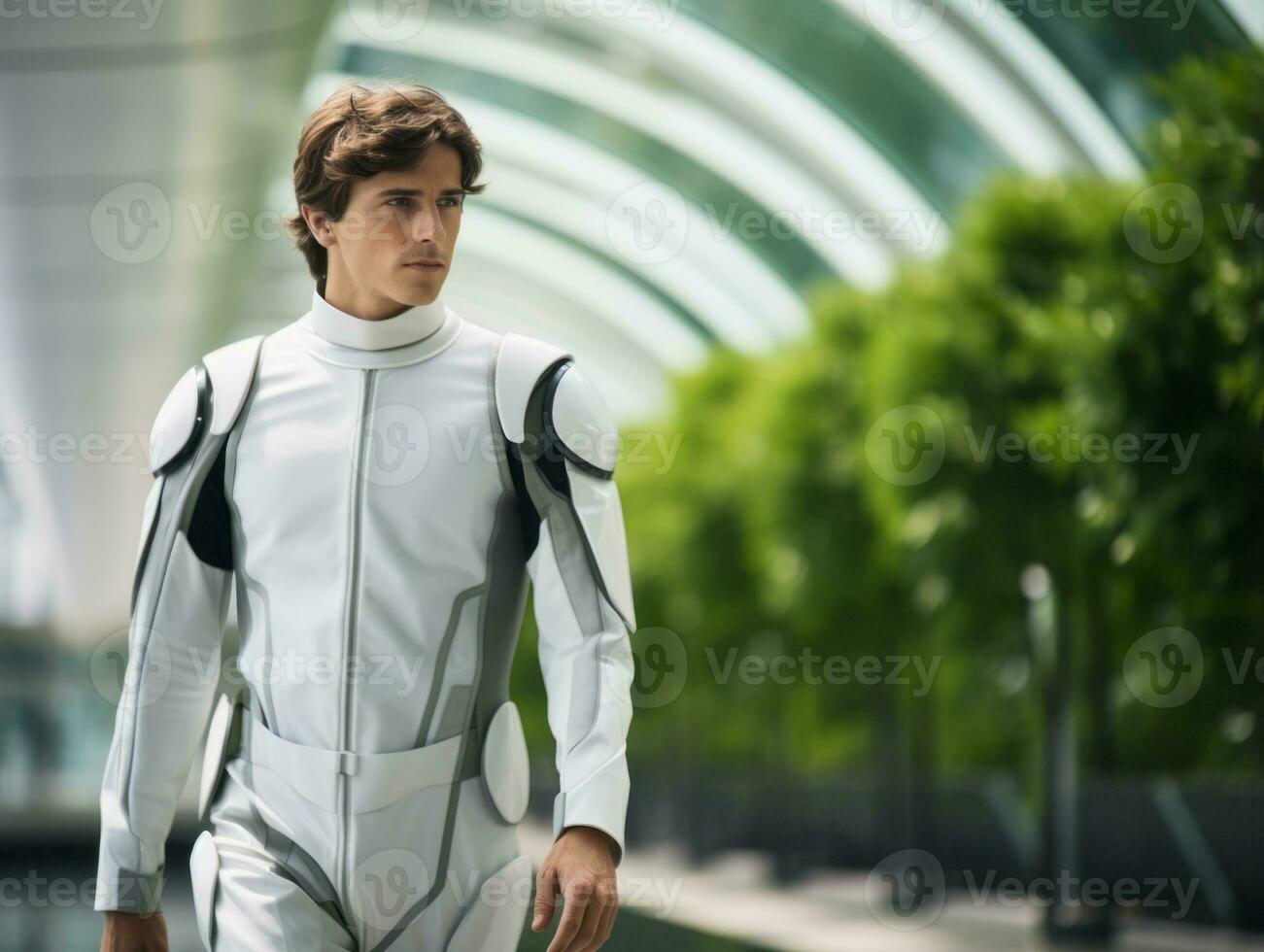 man in futuristic clothes enjoys a leisurely stroll through a city streets AI Generative photo