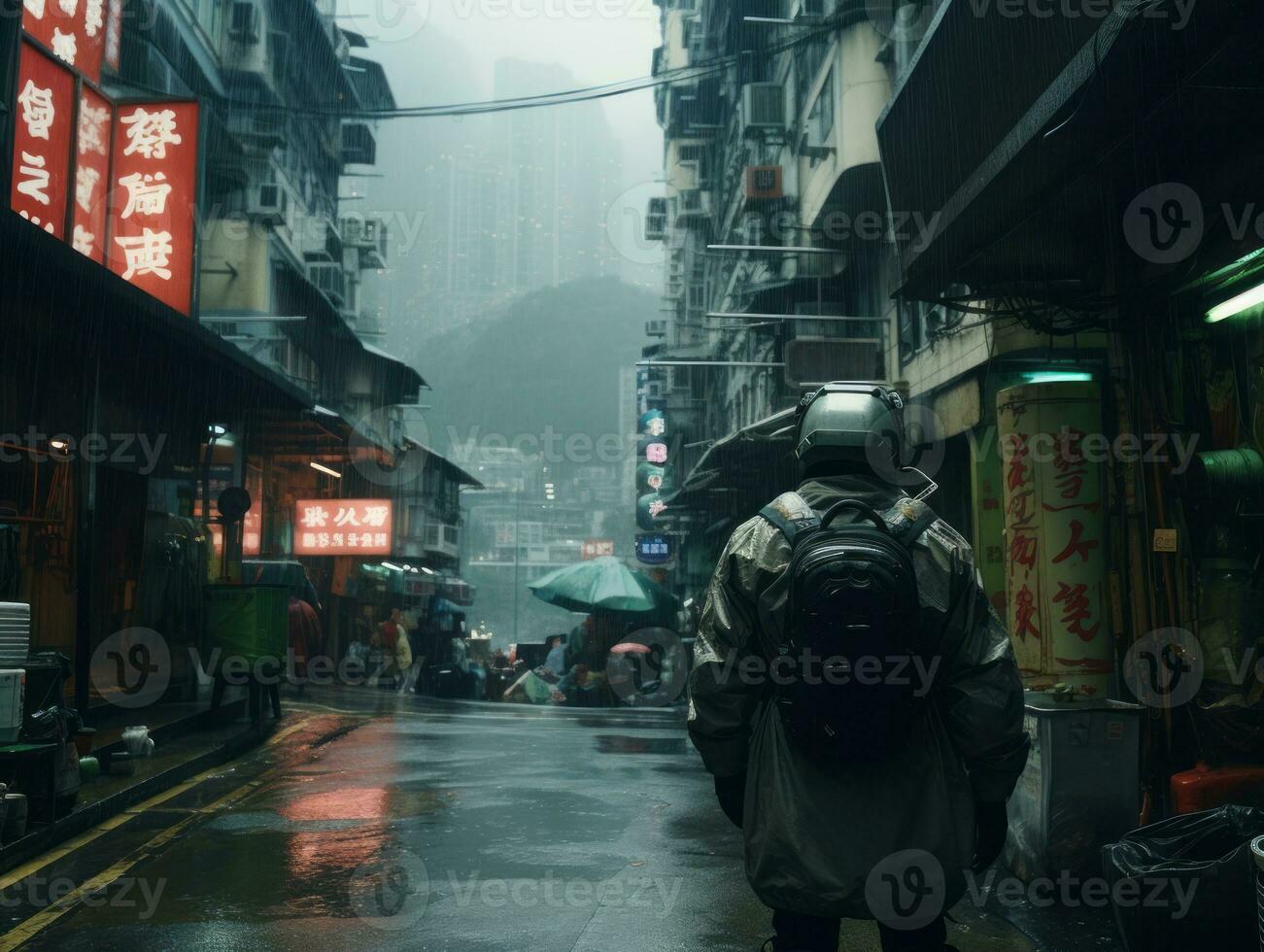 man in futuristic clothes enjoys a leisurely stroll through a city streets AI Generative photo
