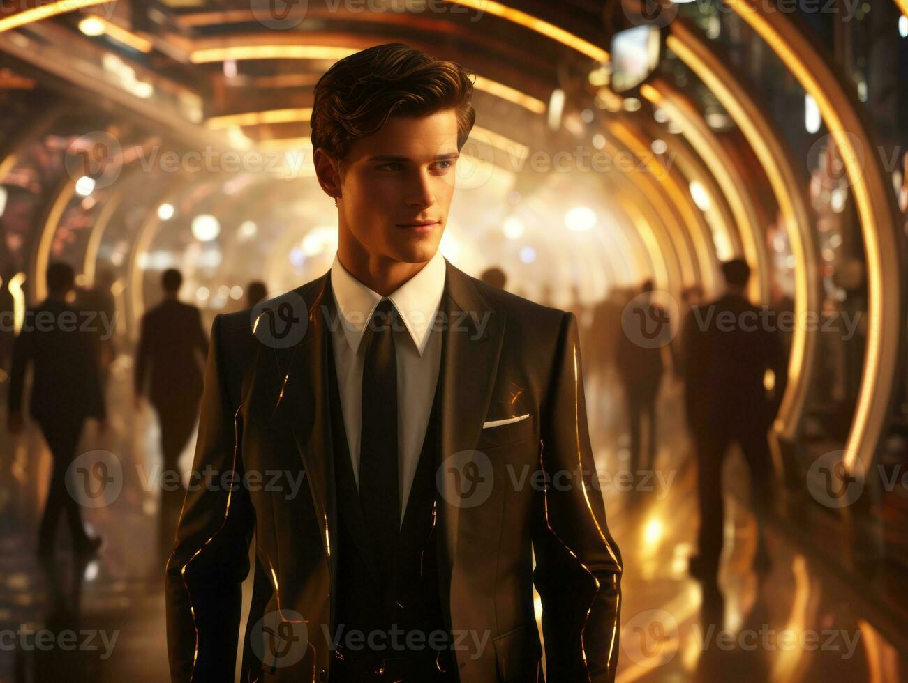 man in futuristic clothes enjoys a leisurely stroll through a city streets AI Generative photo