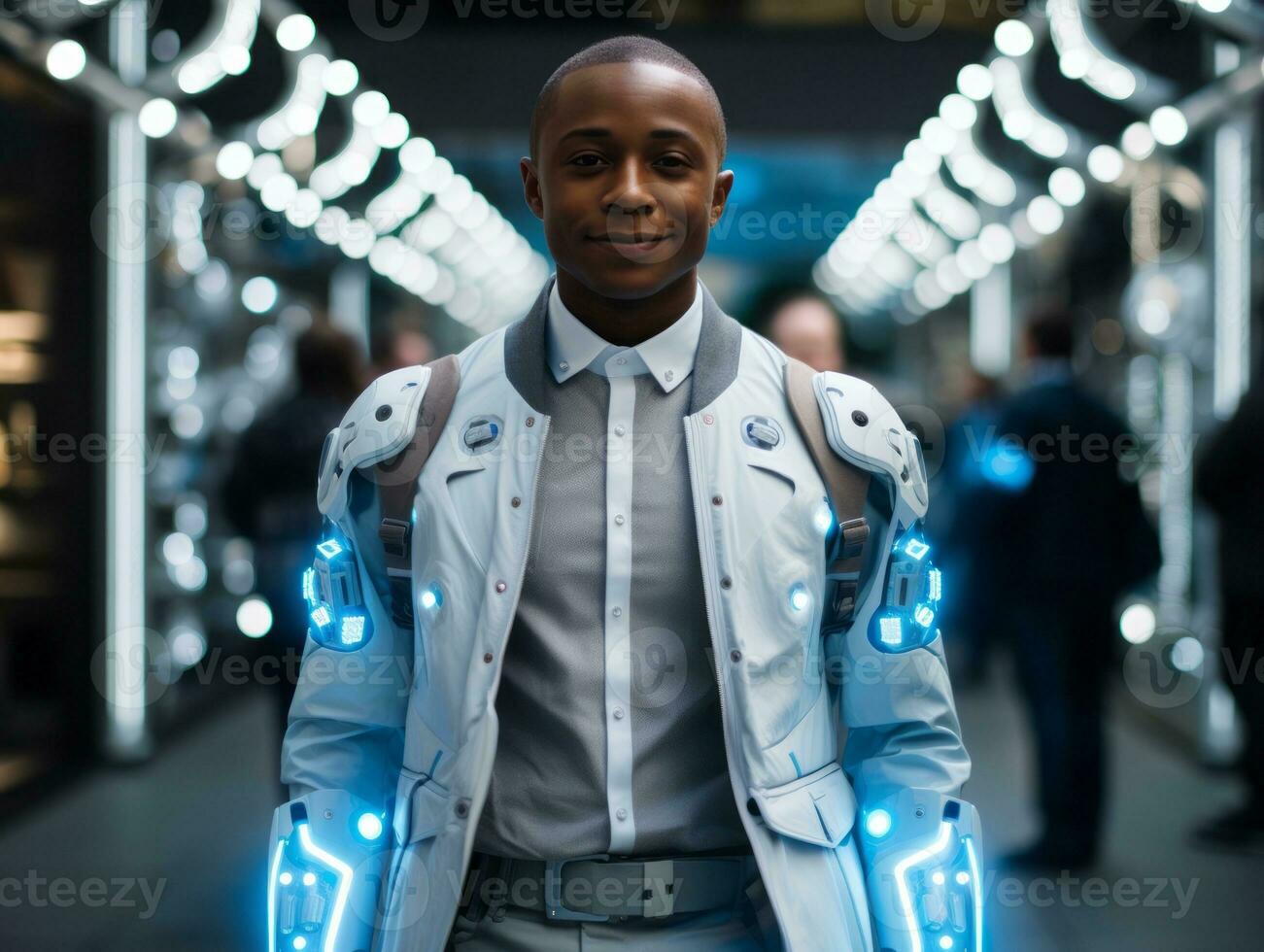 man in futuristic clothes enjoys a leisurely stroll through a city streets AI Generative photo