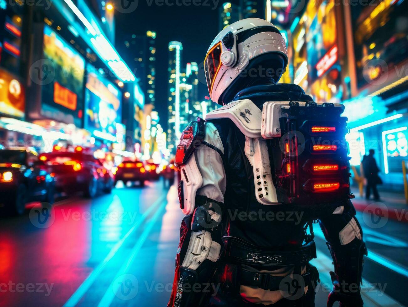 man in futuristic clothes enjoys a leisurely stroll through a city streets AI Generative photo