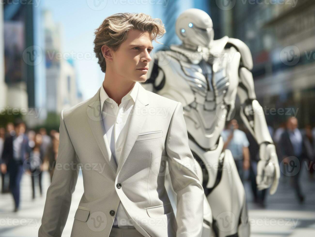 hombre en futurista ropa disfruta un sin prisa paseo mediante un ciudad calles ai generativo foto