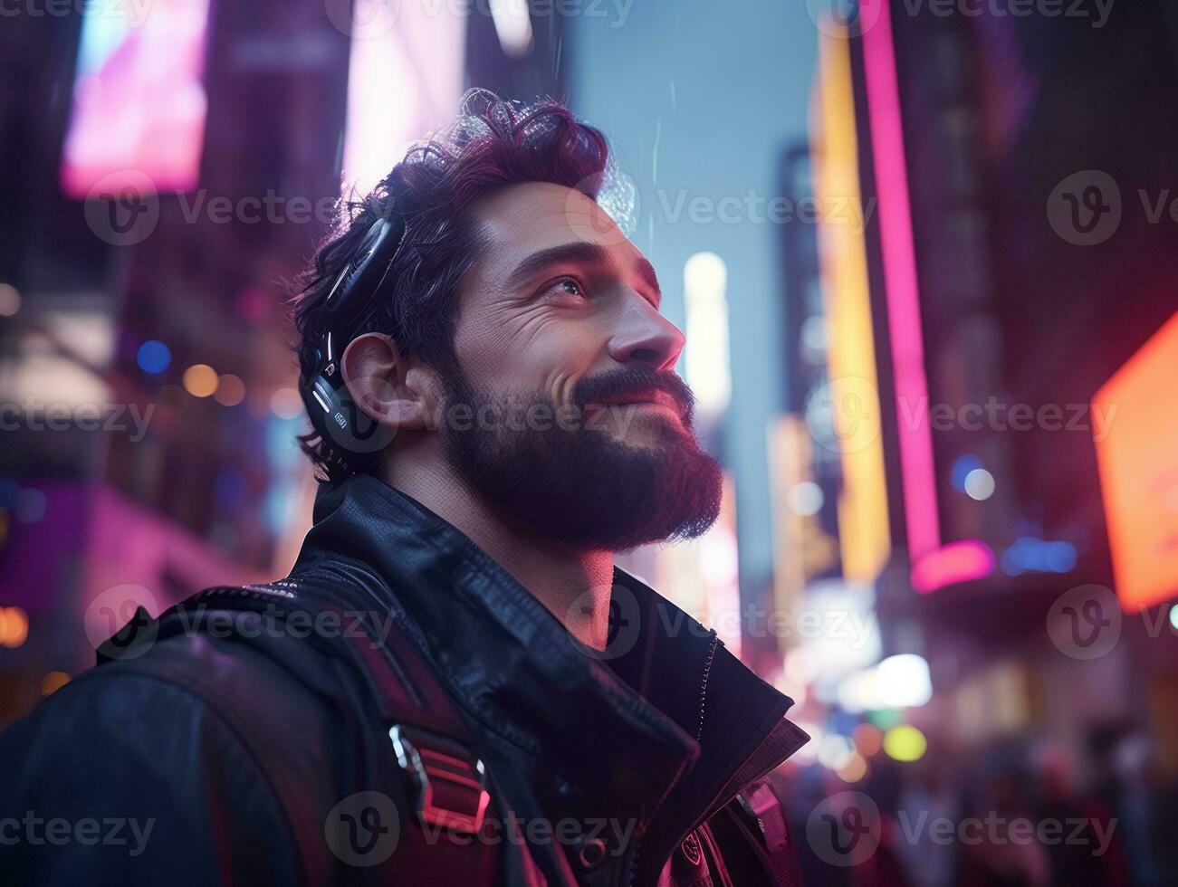 man in futuristic clothes enjoys a leisurely stroll through a city streets AI Generative photo