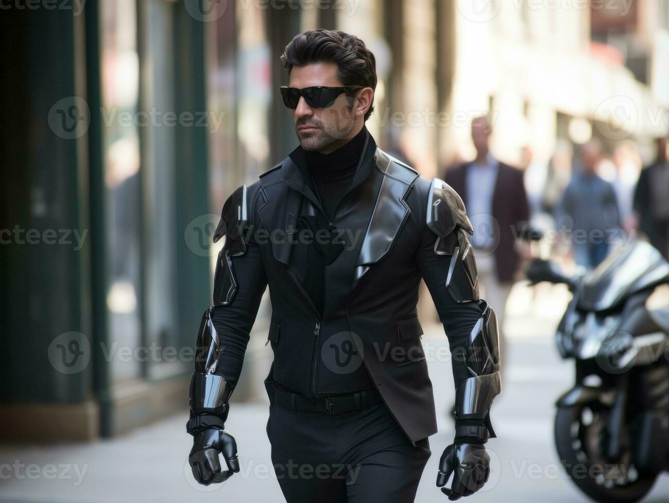 man in futuristic clothes enjoys a leisurely stroll through a city streets AI Generative photo