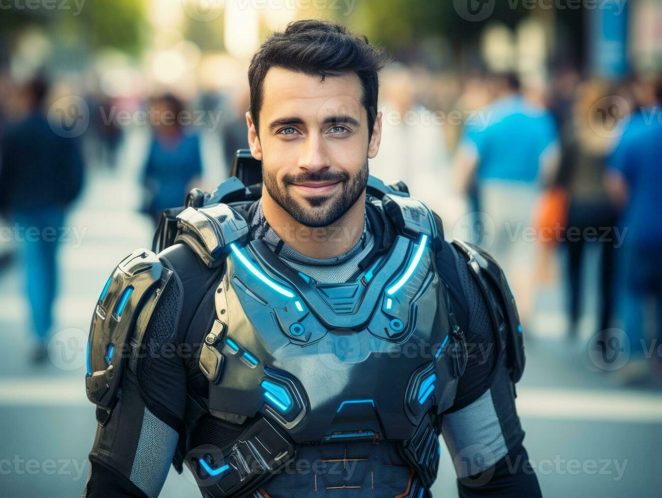 man in futuristic clothes enjoys a leisurely stroll through a city streets AI Generative photo