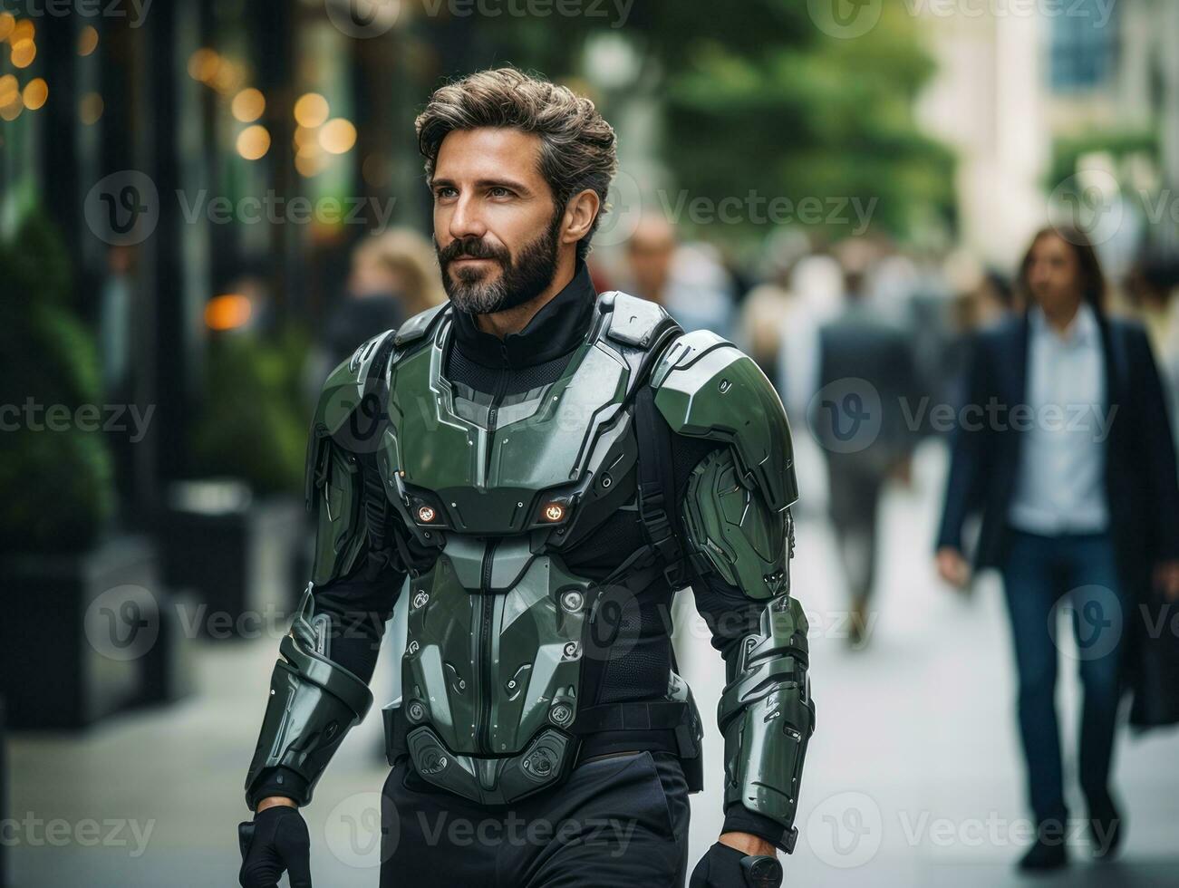 man in futuristic clothes enjoys a leisurely stroll through a city streets AI Generative photo