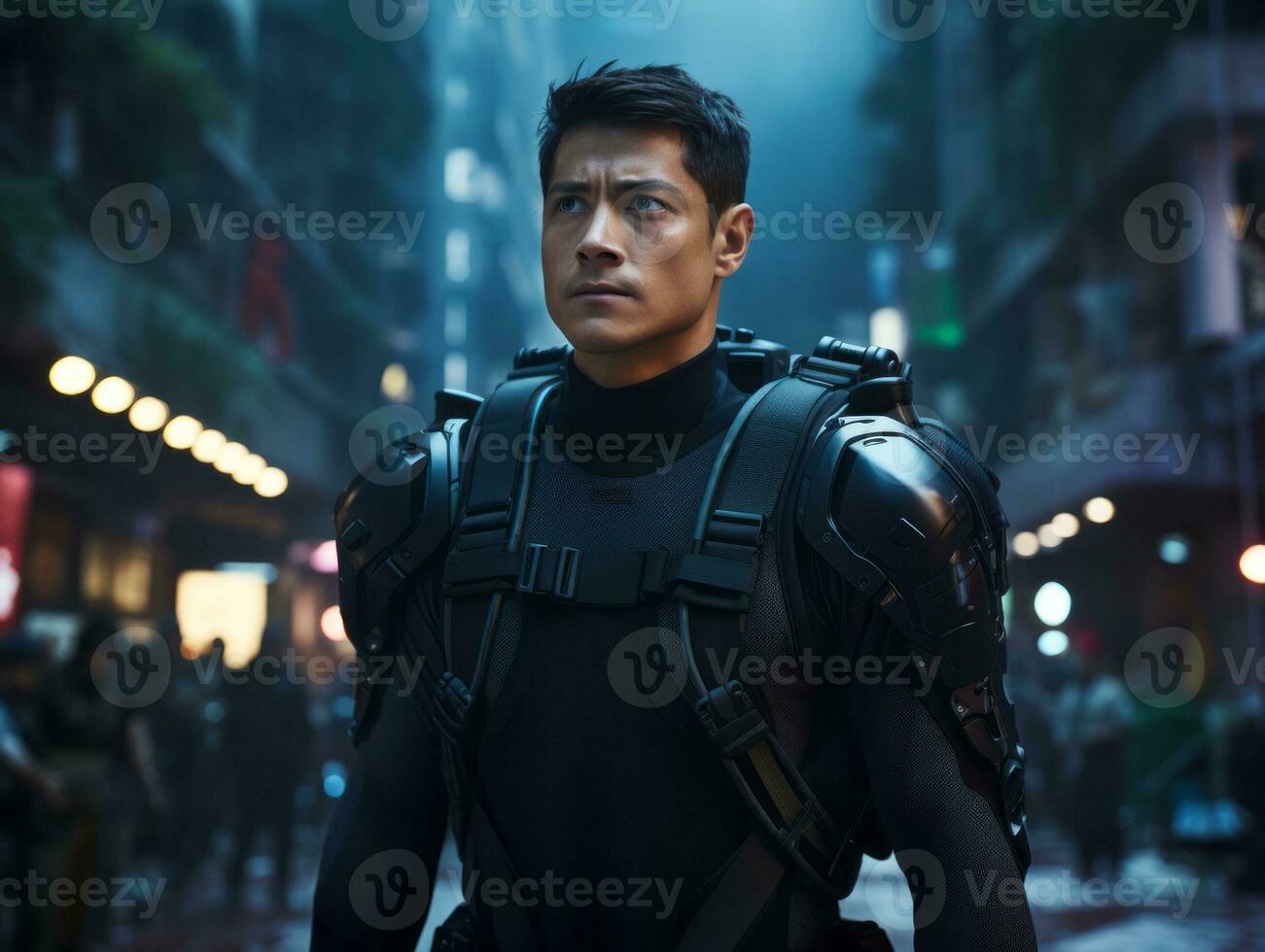 man in futuristic clothes enjoys a leisurely stroll through a city streets AI Generative photo