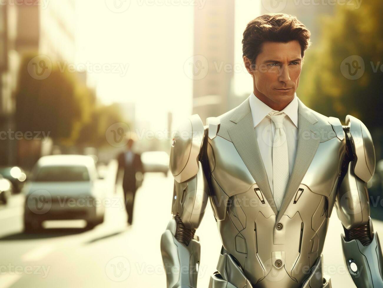 man in futuristic clothes enjoys a leisurely stroll through a city streets AI Generative photo