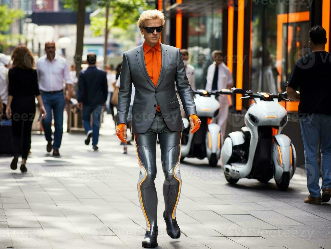 man in futuristic clothes enjoys a leisurely stroll through a city streets AI Generative photo