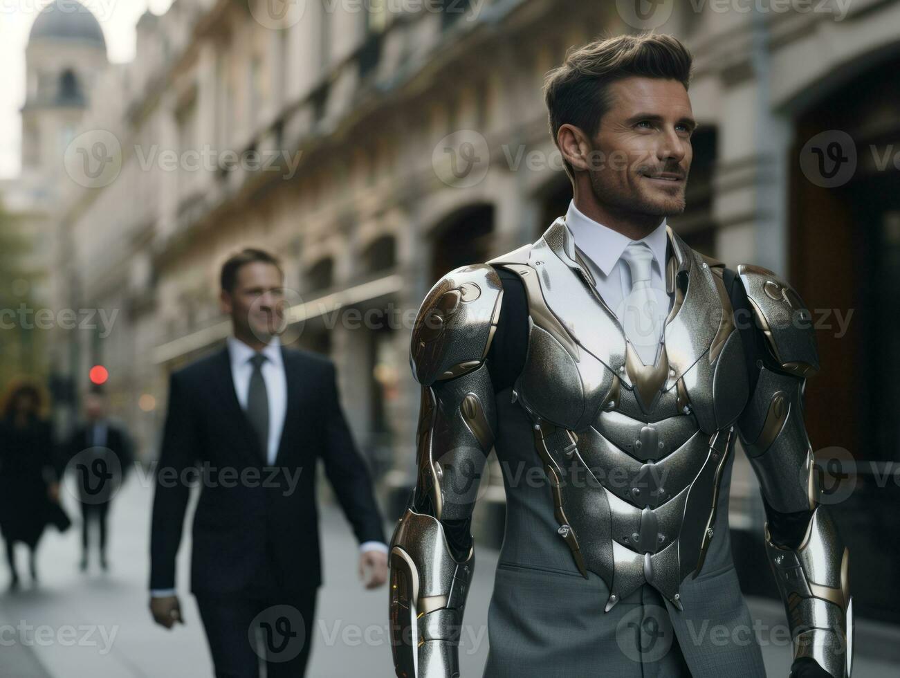 man in futuristic clothes enjoys a leisurely stroll through a city streets AI Generative photo