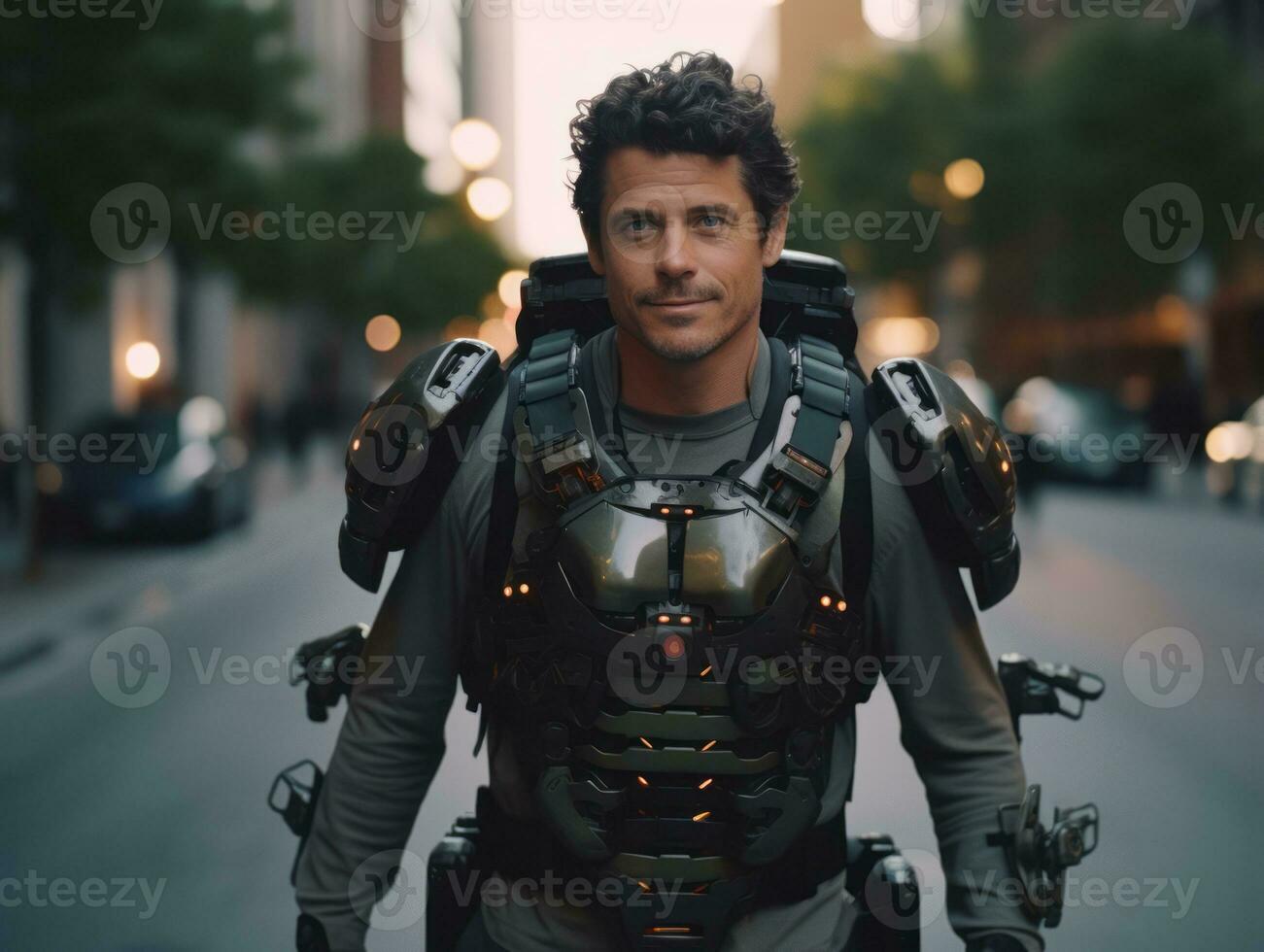 man in futuristic clothes enjoys a leisurely stroll through a city streets AI Generative photo