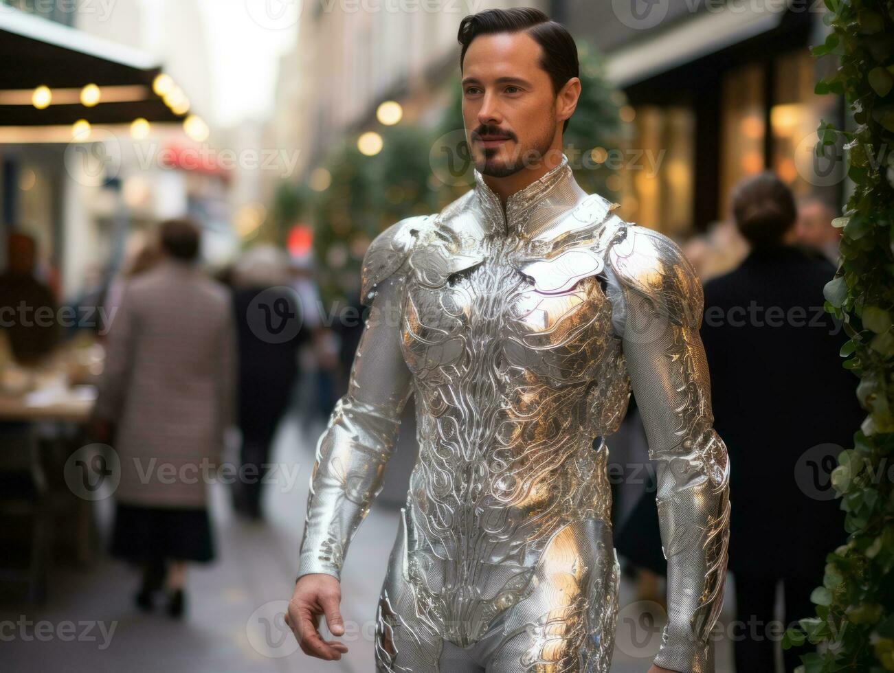 hombre en futurista ropa disfruta un sin prisa paseo mediante un ciudad calles ai generativo foto