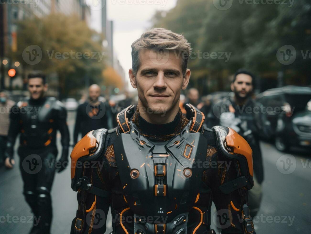 man in futuristic clothes enjoys a leisurely stroll through a city streets AI Generative photo