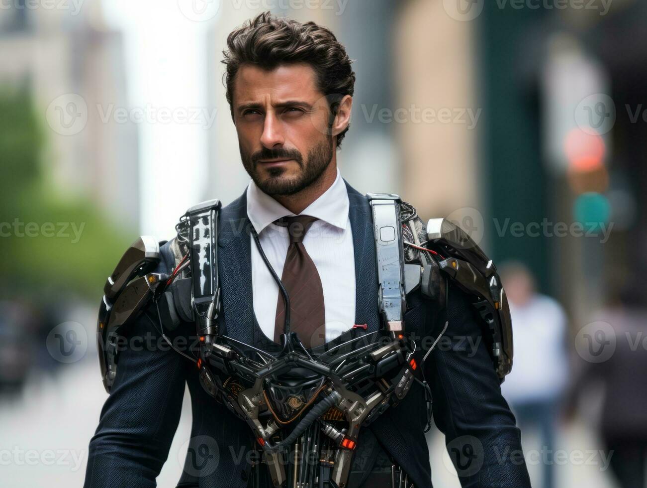 man in futuristic clothes enjoys a leisurely stroll through a city streets AI Generative photo