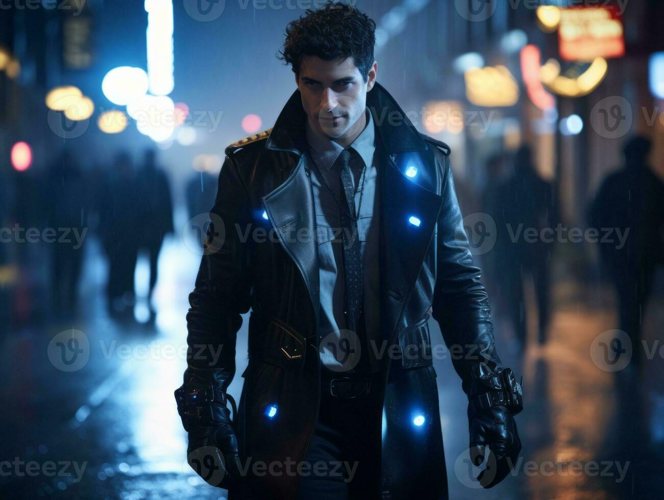 man in futuristic clothes enjoys a leisurely stroll through a city streets AI Generative photo