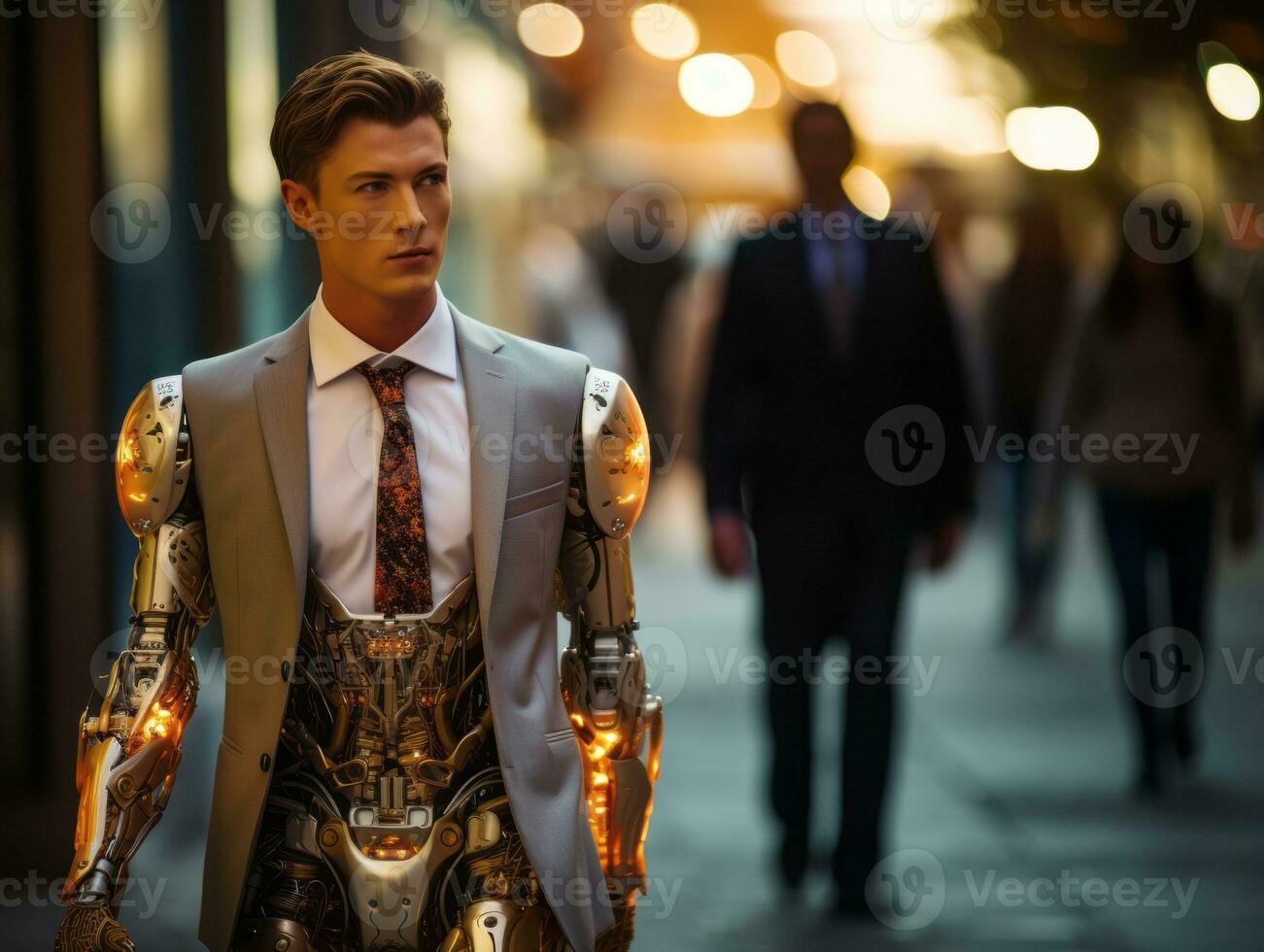 man in futuristic clothes enjoys a leisurely stroll through a city streets AI Generative photo