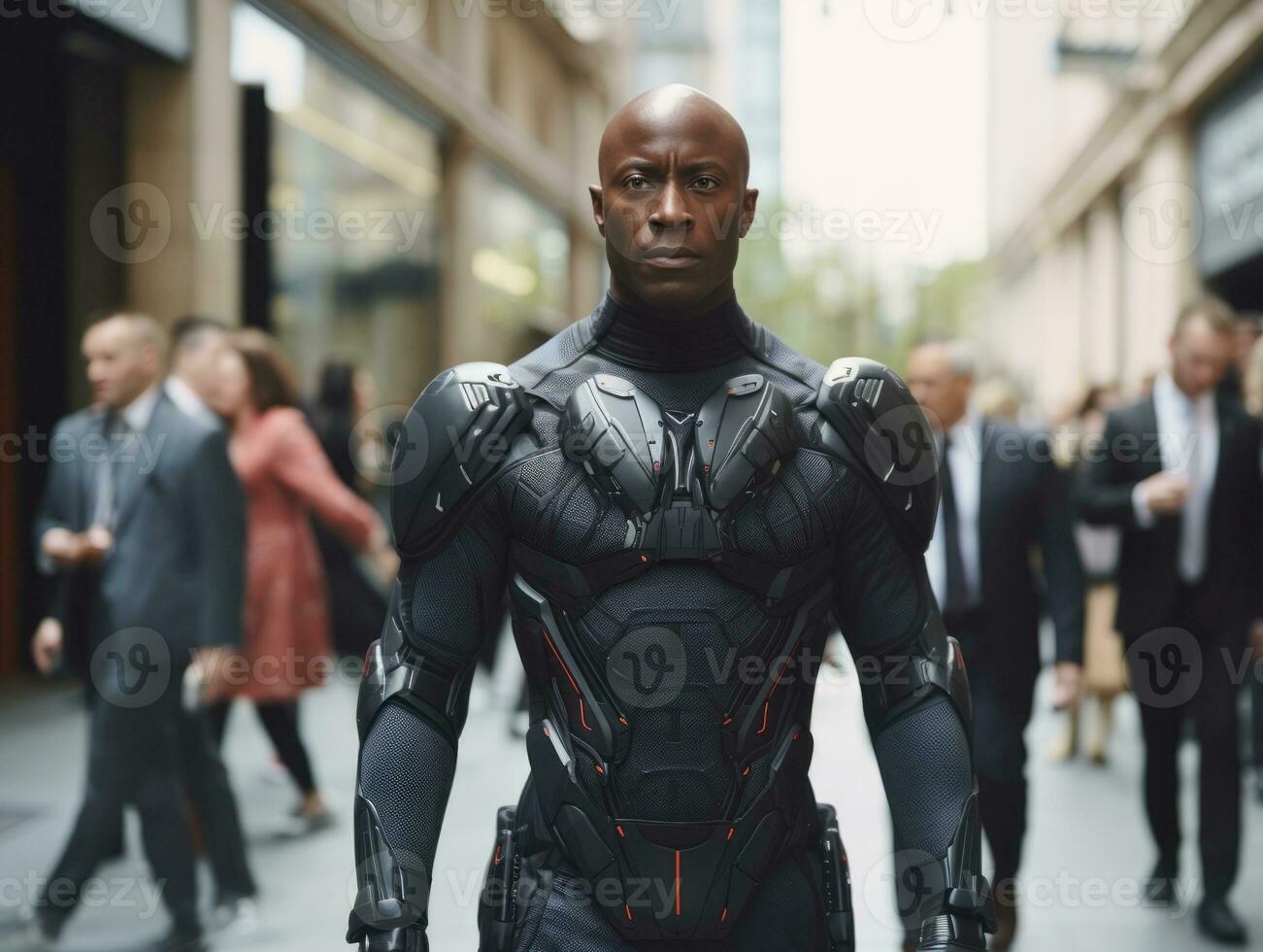 man in futuristic clothes enjoys a leisurely stroll through a city streets AI Generative photo
