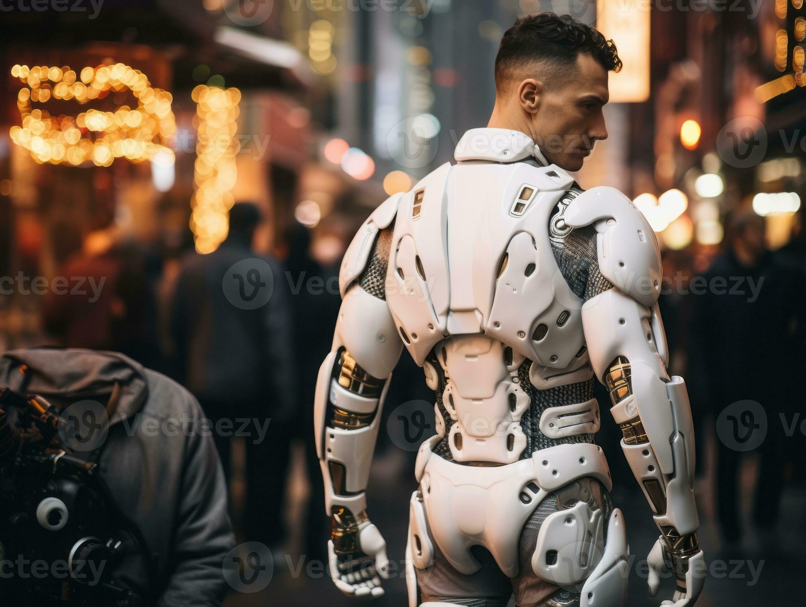 man in futuristic clothes enjoys a leisurely stroll through a city