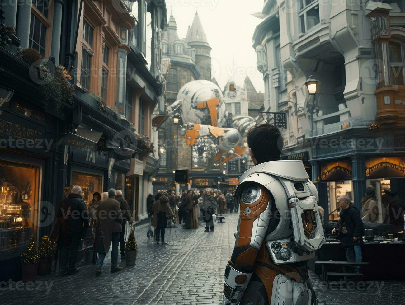 man in futuristic clothes enjoys a leisurely stroll through a city streets AI Generative photo