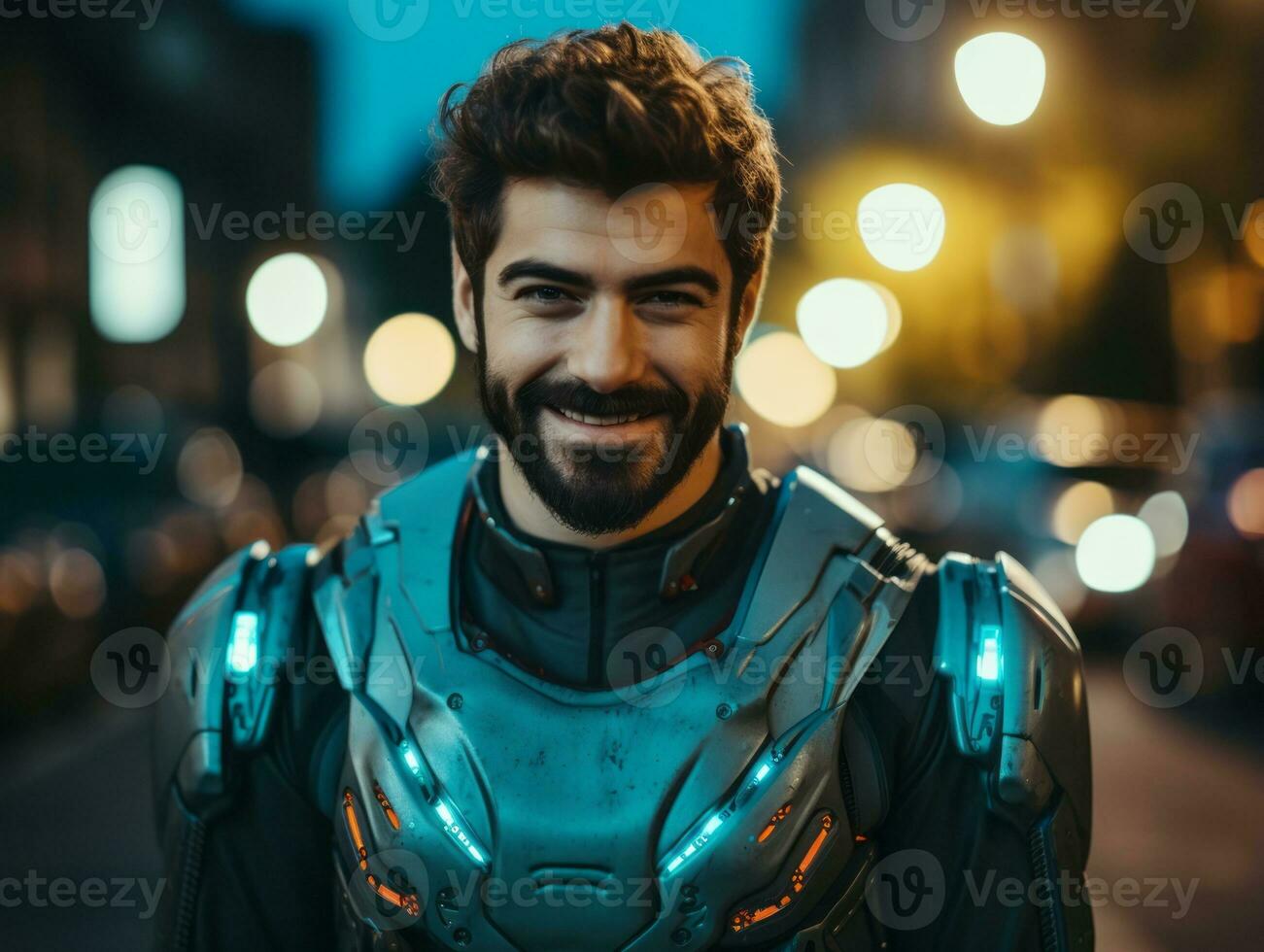man in futuristic clothes enjoys a leisurely stroll through a city streets AI Generative photo