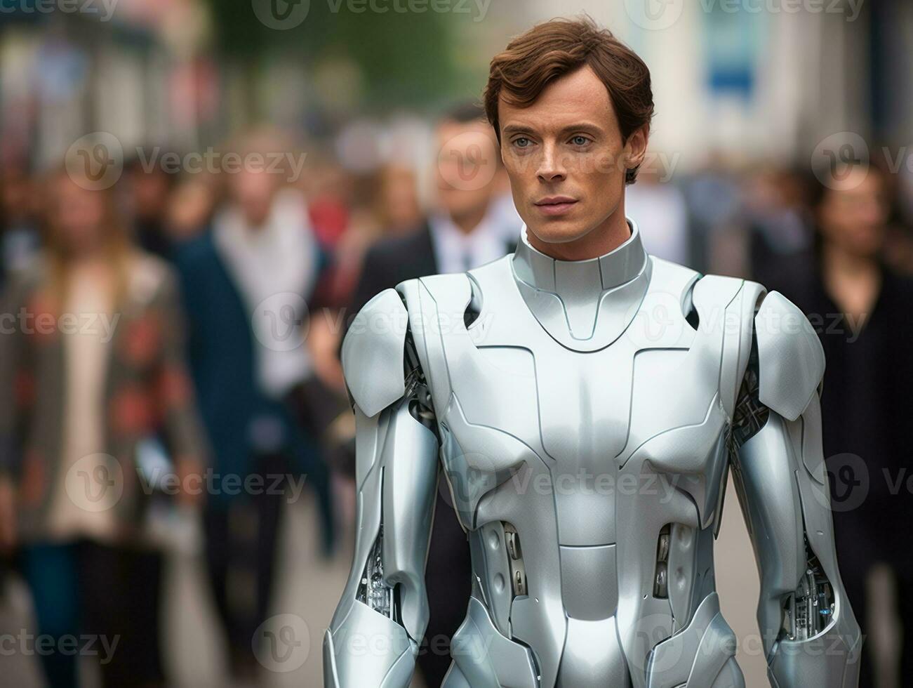 man in futuristic clothes enjoys a leisurely stroll through a city streets AI Generative photo