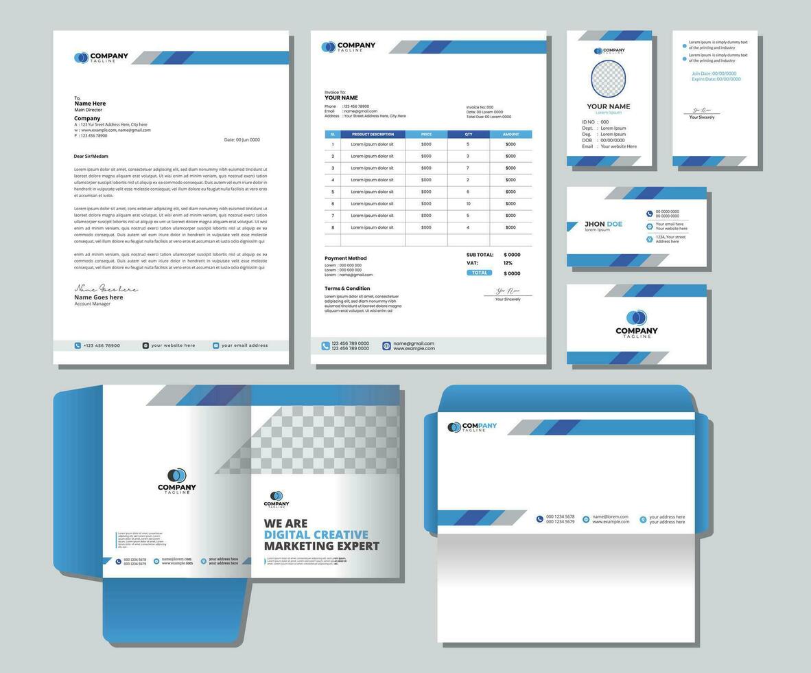 Corporate Brand Identity Mockup set with digital elements. Editable vector. Business card, Id card, Invoice, Letterhead, Envelope, and File Folder. vector