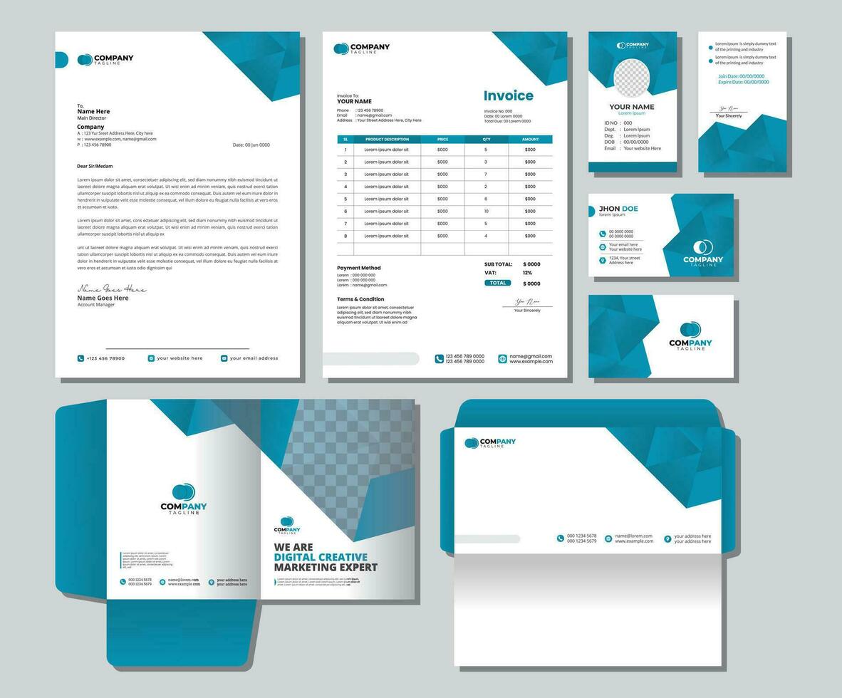 Corporate Brand Identity Mockup set with digital elements. Editable vector. Business card, Id card, Invoice, Letterhead, Envelope, and File Folder. vector