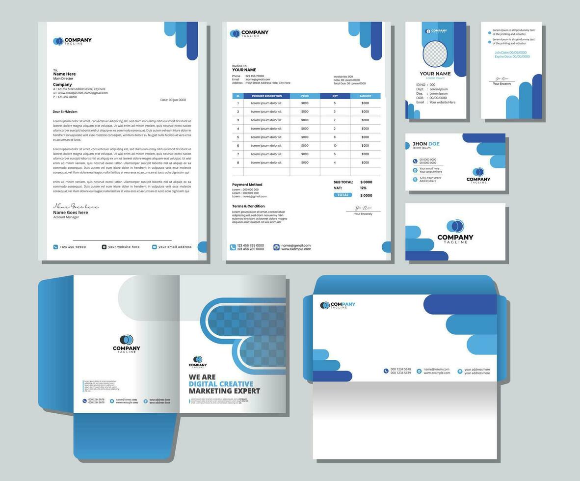 Corporate Brand Identity Mockup set with digital elements. Editable vector. Business card, Id card, Invoice, Letterhead, Envelope, and File Folder. vector