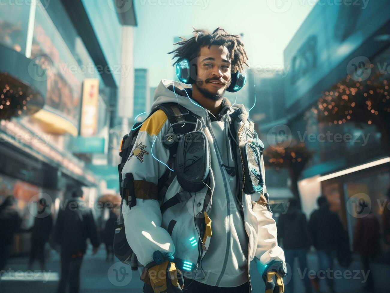 man in futuristic clothes enjoys a leisurely stroll through a city streets AI Generative photo