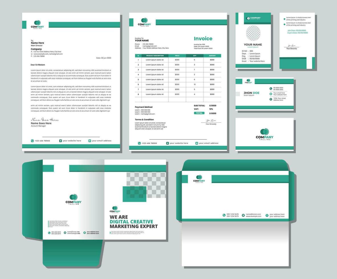 Corporate Brand Identity Mockup set with digital elements. Editable vector. Business card, Id card, Invoice, Letterhead, Envelope, and File Folder. vector