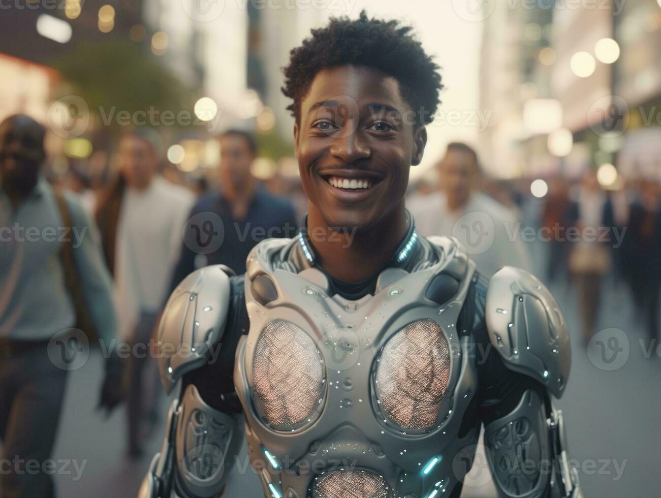 man in futuristic clothes enjoys a leisurely stroll through a city streets AI Generative photo