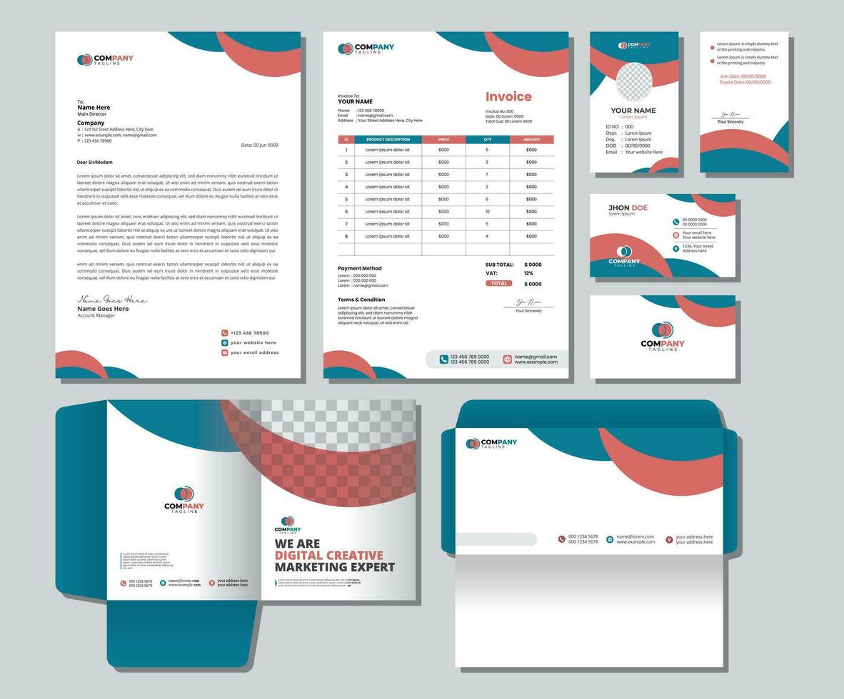 Corporate Brand Identity Mockup set with digital elements. Editable vector. Business card, Id card, Invoice, Letterhead, Envelope, and File Folder. vector