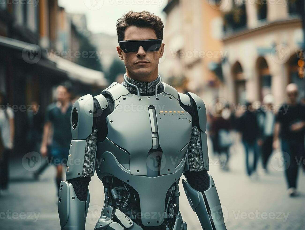 man in futuristic clothes enjoys a leisurely stroll through a city streets AI Generative photo