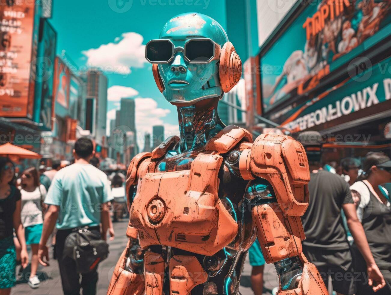 man in futuristic clothes enjoys a leisurely stroll through a city streets AI Generative photo