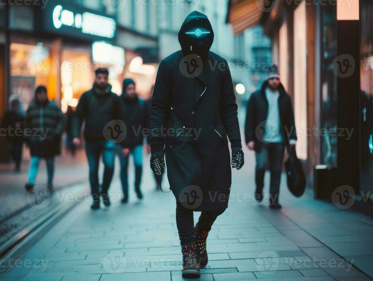 man in futuristic clothes enjoys a leisurely stroll through a city streets AI Generative photo