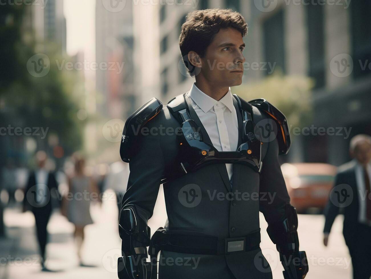 hombre en futurista ropa disfruta un sin prisa paseo mediante un ciudad calles ai generativo foto